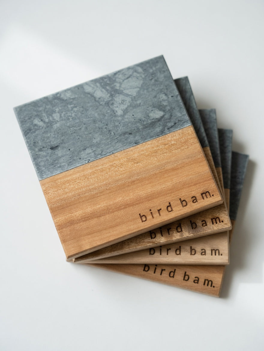 Bird Bam Mahjong Coasters – Engraved Marble & Wood, Set of 4