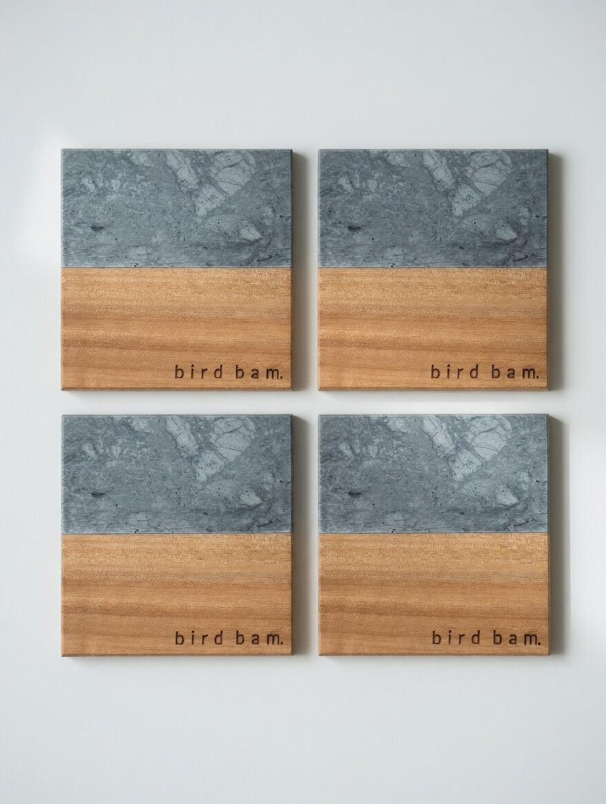 Bird Bam Mahjong Coasters – Engraved Marble & Wood, Set of 4