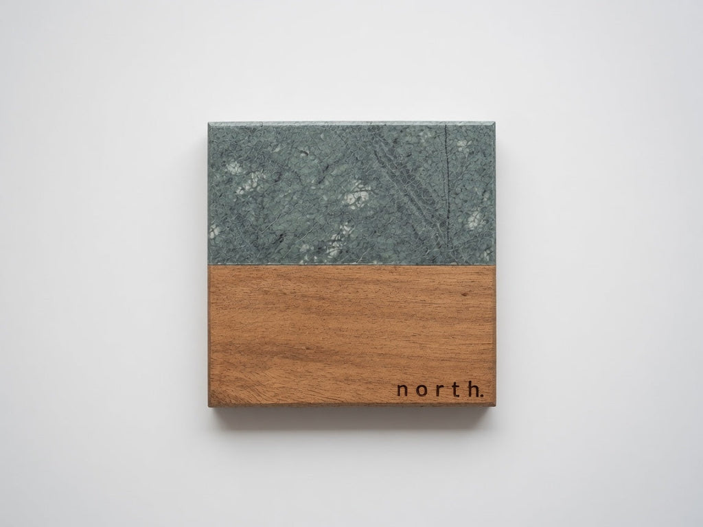 Mahjong Wind Coasters (East, South, West, North) – Engraved Marble & Wood, Set of 4