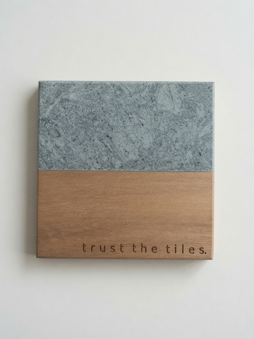 Trust the Tiles Mahjong Coasters – Engraved Marble & Wood, Set of 4