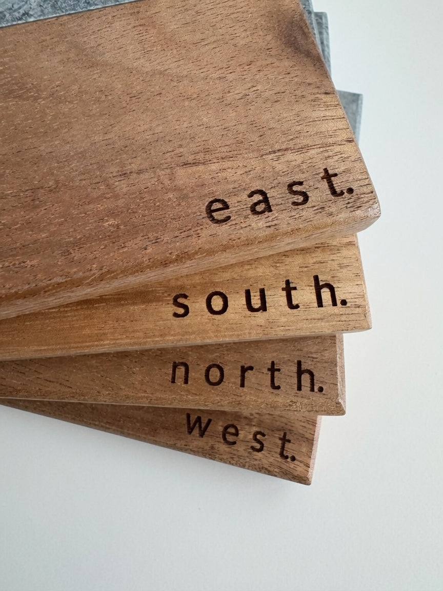 Mahjong Wind Coasters (East, South, West, North) – Engraved Marble & Wood, Set of 4