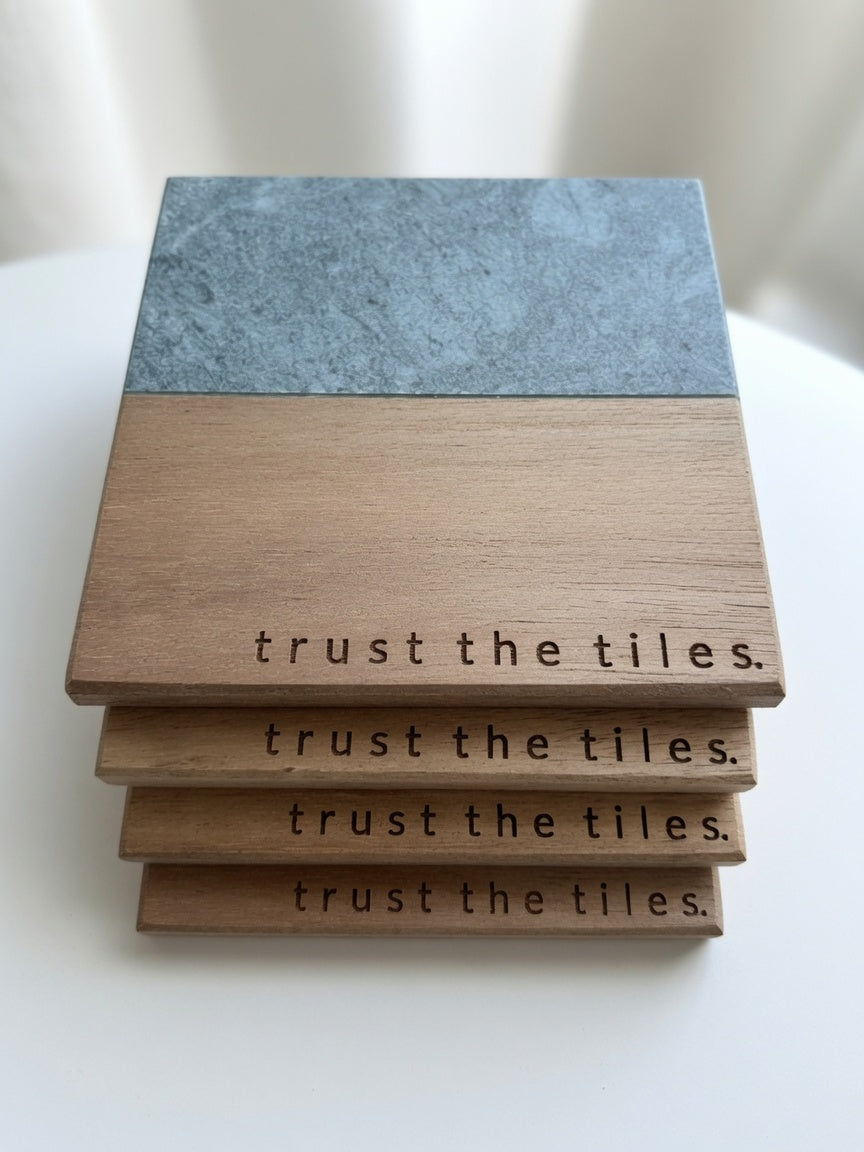 Trust the Tiles Mahjong Coasters – Engraved Marble & Wood, Set of 4