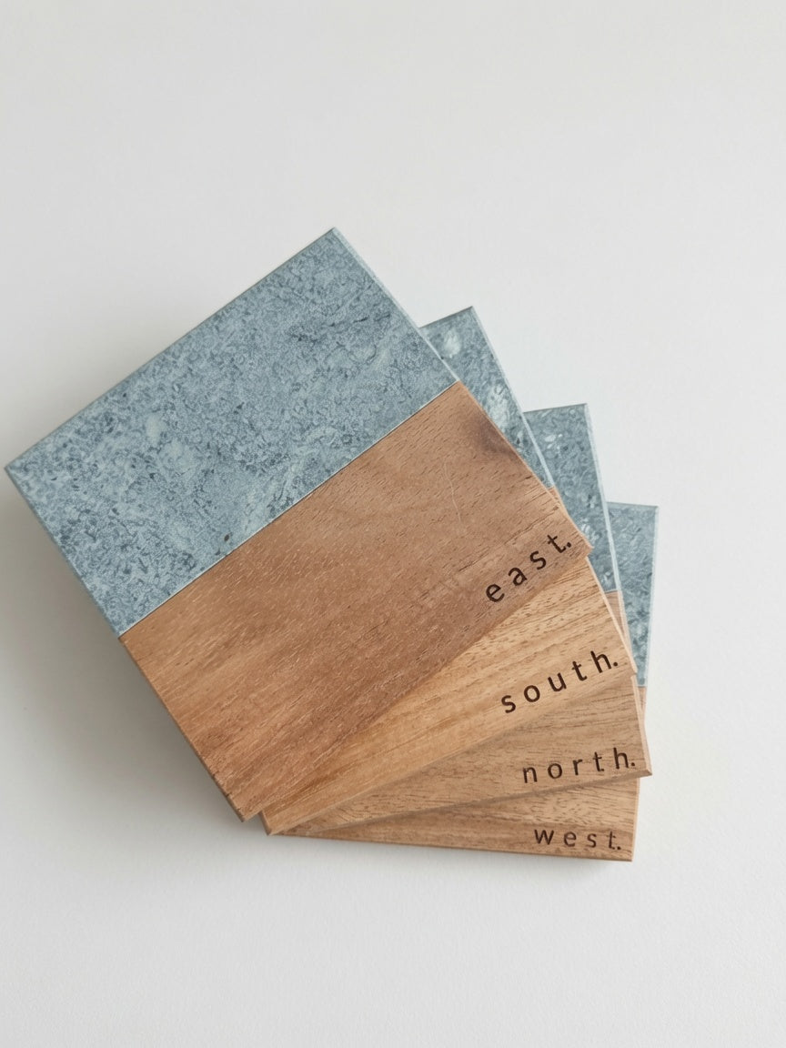 Mahjong Wind Coasters (East, South, West, North) – Engraved Marble & Wood, Set of 4