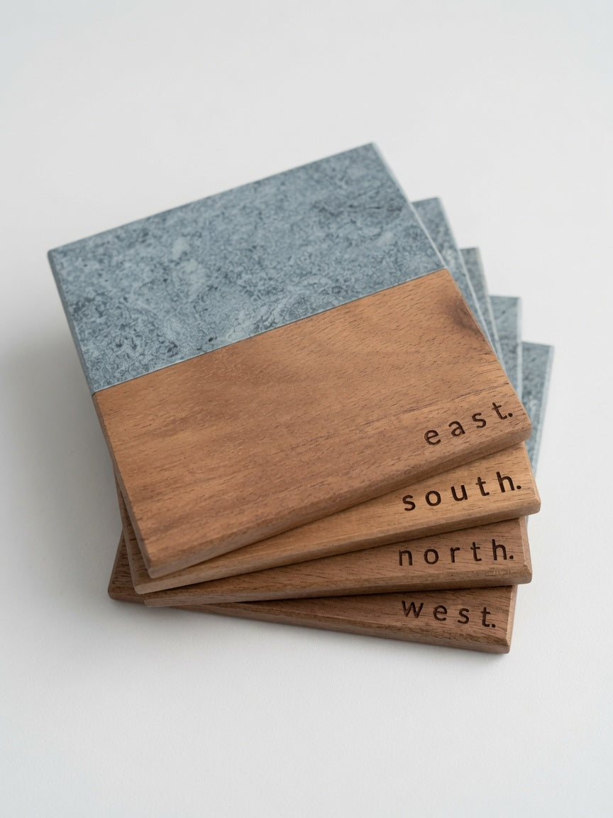 Mahjong Wind Coasters (East, South, West, North) – Engraved Marble & Wood, Set of 4