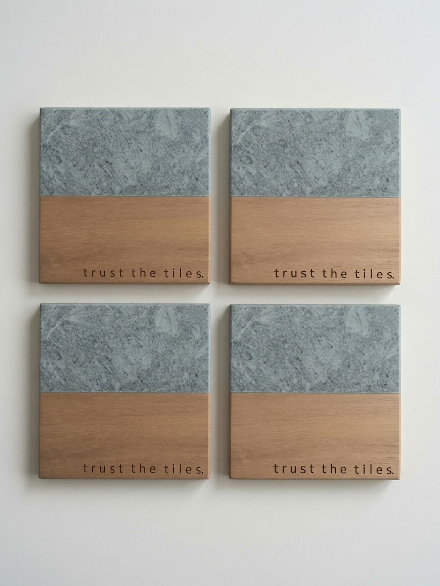Trust the Tiles Mahjong Coasters – Engraved Marble & Wood, Set of 4