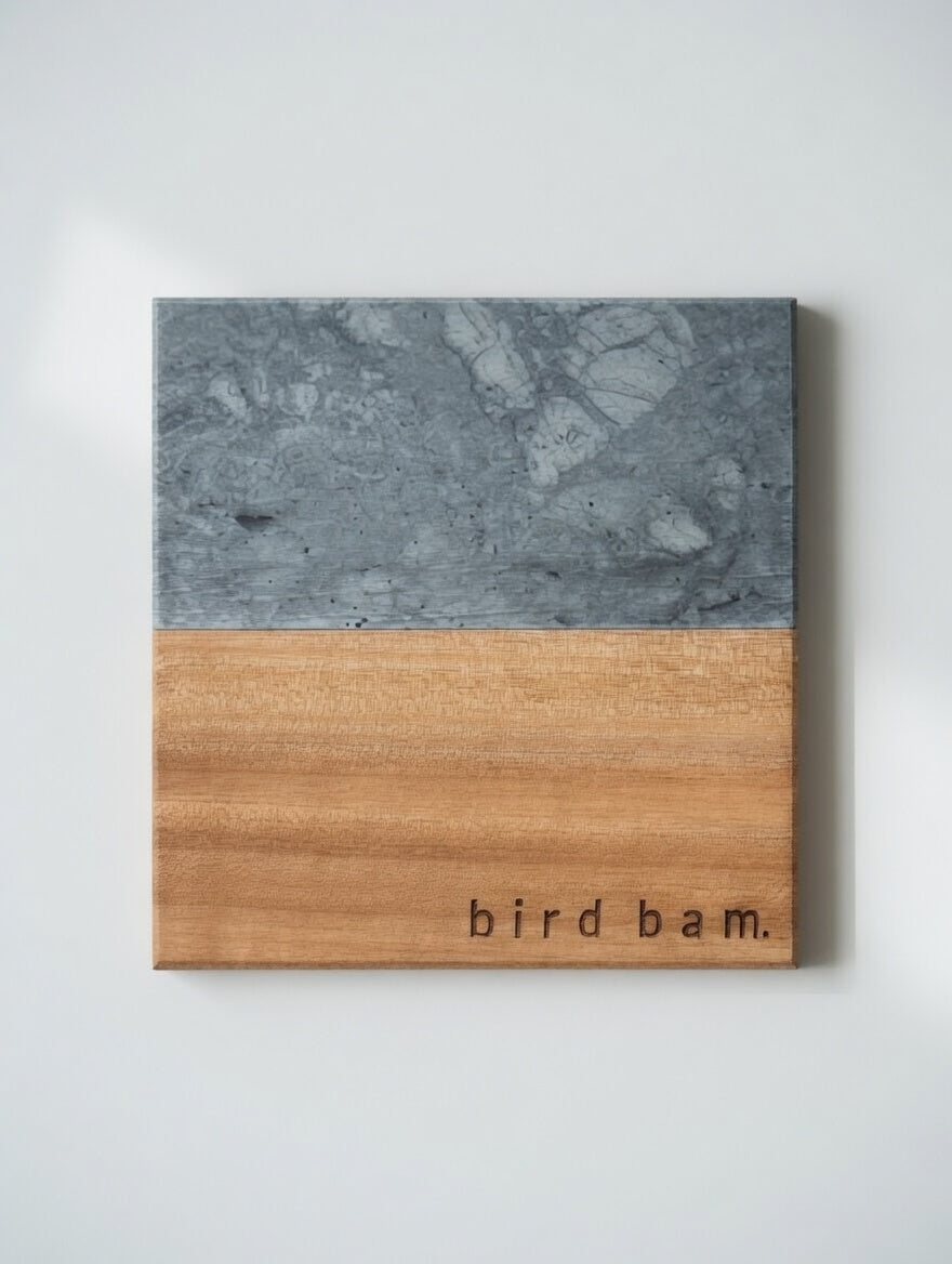 Bird Bam Mahjong Coasters – Engraved Marble & Wood, Set of 4
