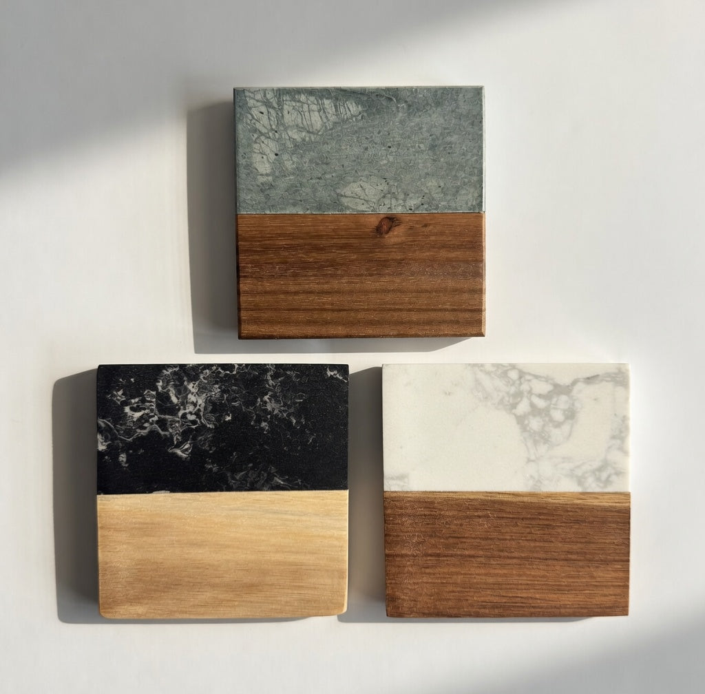 Trust the Tiles Mahjong Coasters – Engraved Marble & Wood, Set of 4
